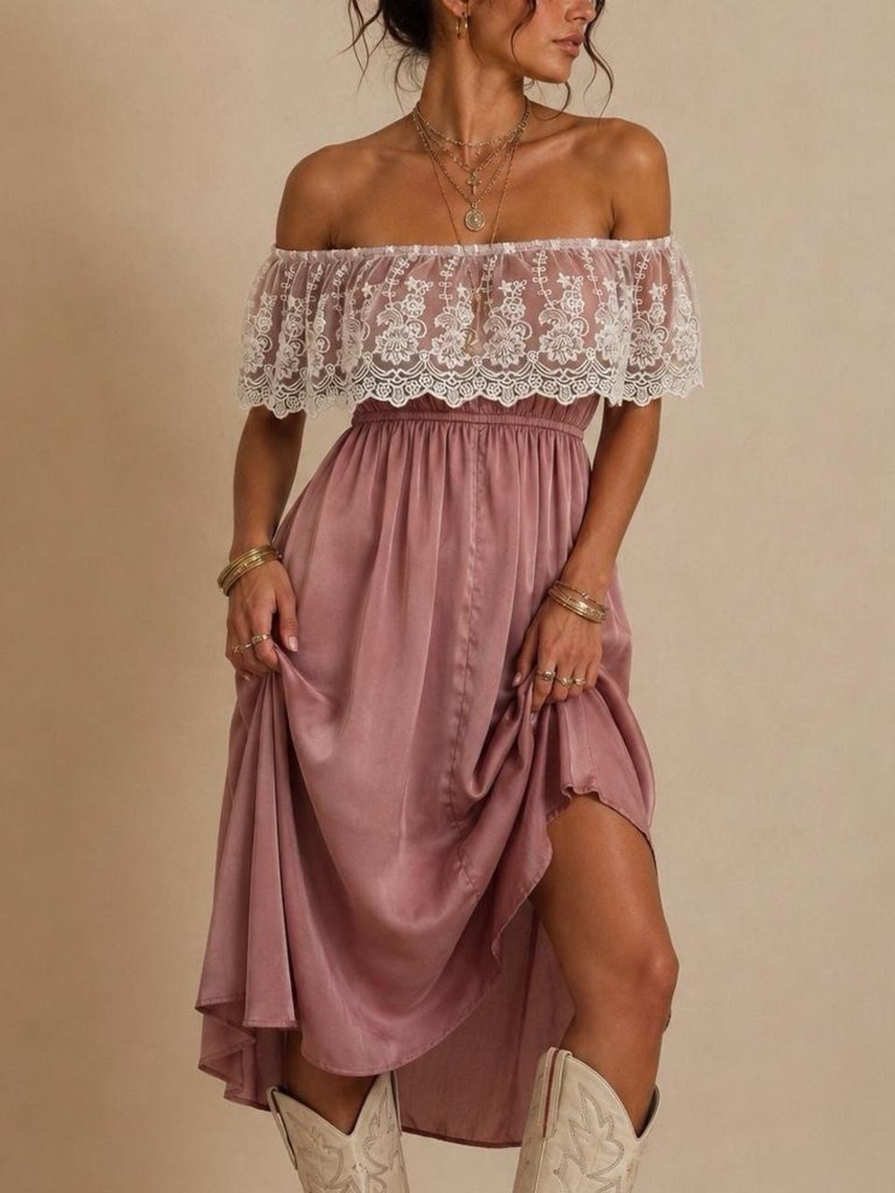 Off-Shoulder Lace Trim Satin Midi Dress in Dusty Rose